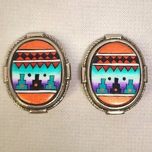 Colorful Southestern Oval Clip Earrings with Geometric Design